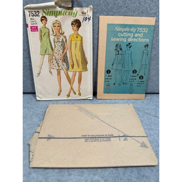 VTG 1968 Simplicity 7532 Sewing Pattern Mod A-Line Dress 12 Retro 60's MCM Uncut - Picture 7 of 8